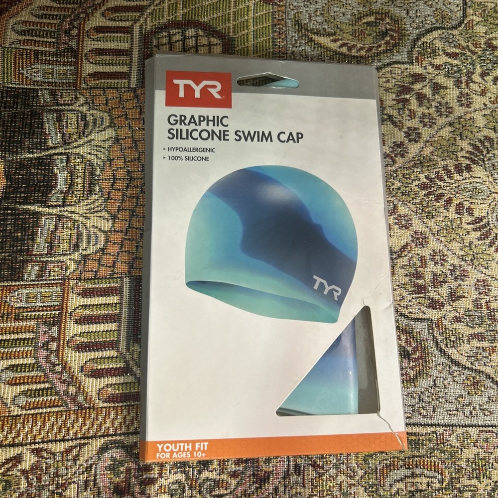 New TYR Tie Dye Graphic 100% Silicone Blue & Green Swim‎ Swimming Cap Youth Fit